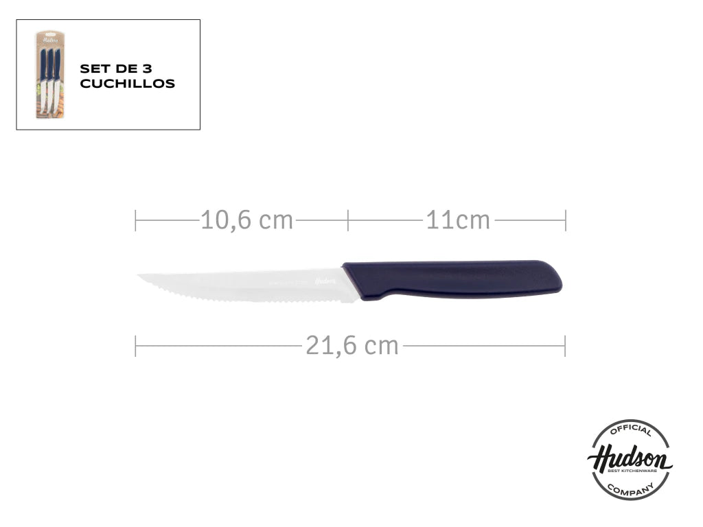 Pack x3 Cuchillos de Acero Inoxidable + Mango Azul de Plástico