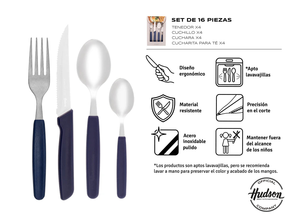 Set x24 Cubiertos Basic de Acero Inoxidable + Mango Azul de Plástico