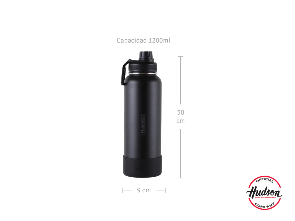 Botella Deportiva Negra 1200 ml Interior Pulido + Base Silicona