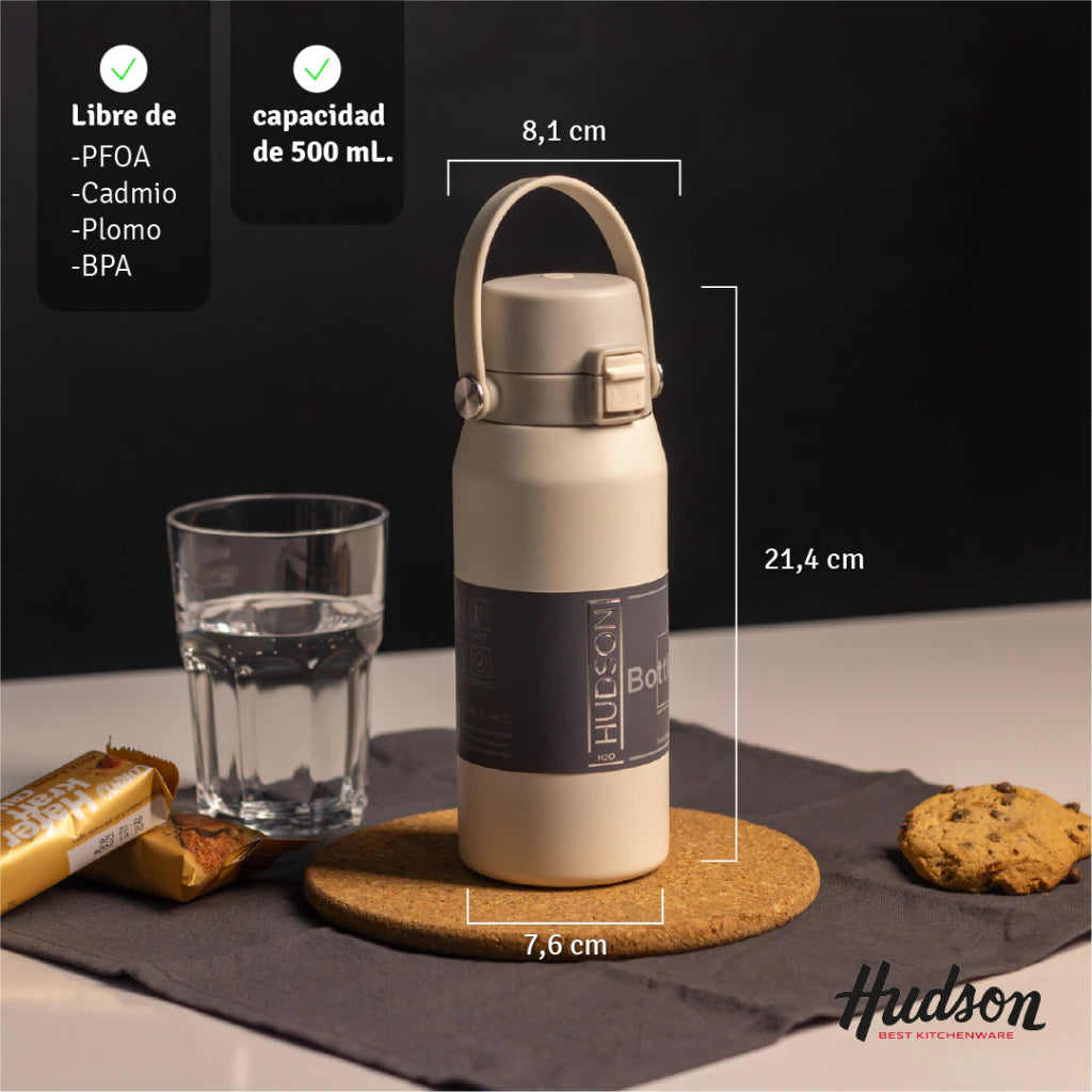 Botella Deportiva Crema 500 ml Aislación Doble Pared + Tapa Flip