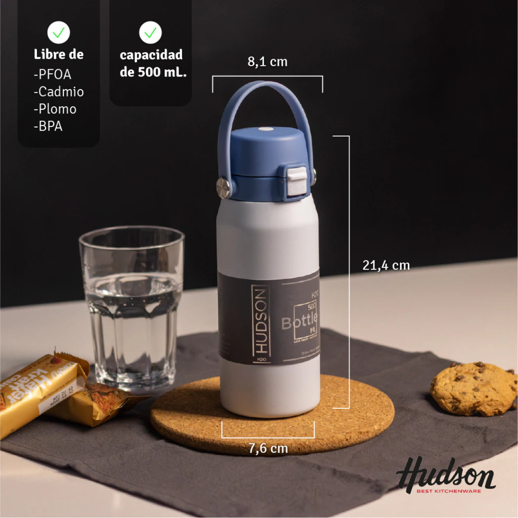 Botella Deportiva Celeste 500 ml Doble Pared + Tapa Flip