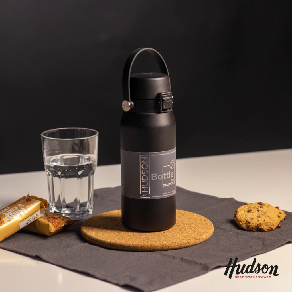 Botella Deportiva Negra 500 ml con Manija + Doble Aislante + Tapa Flip