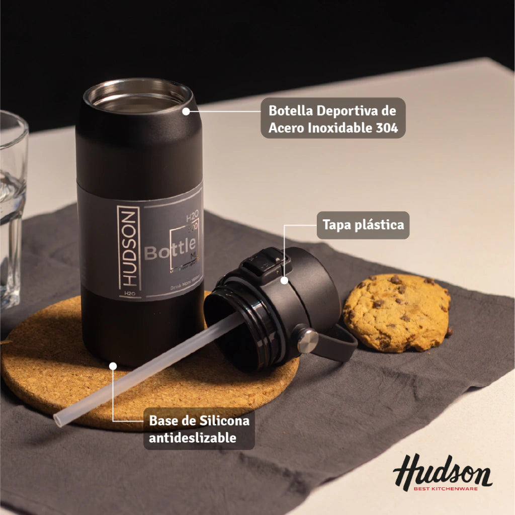Botella Deportiva Negra 500 ml con Manija + Doble Aislante + Tapa Flip