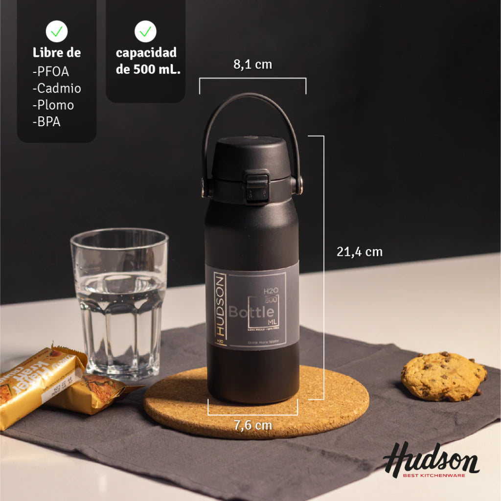 Botella Deportiva Negra 500 ml con Manija + Doble Aislante + Tapa Flip