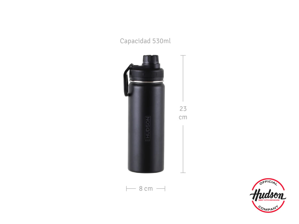 Botella Deportiva Negra 530 ml Base Metalica + Doble Pared