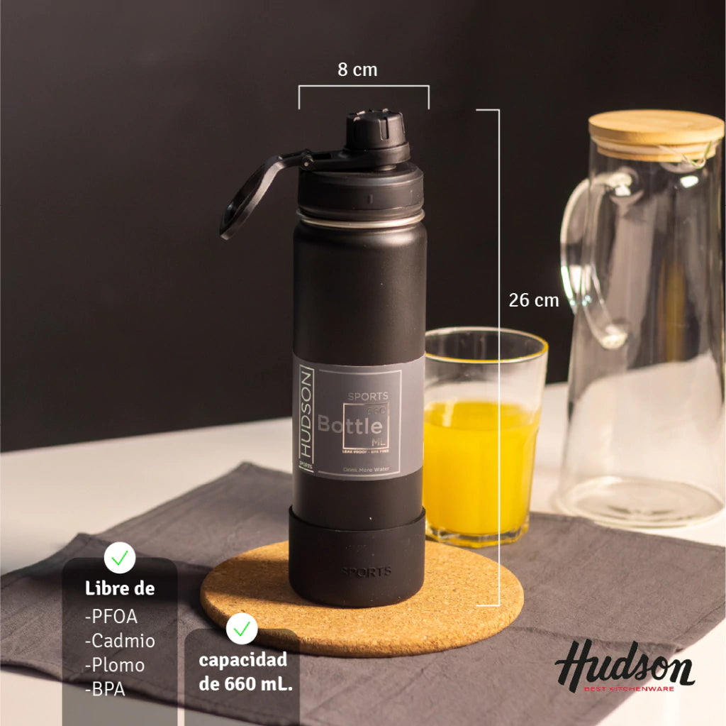 Botella Deportiva Negra 660 ml Interior Pulido + Base Silicona