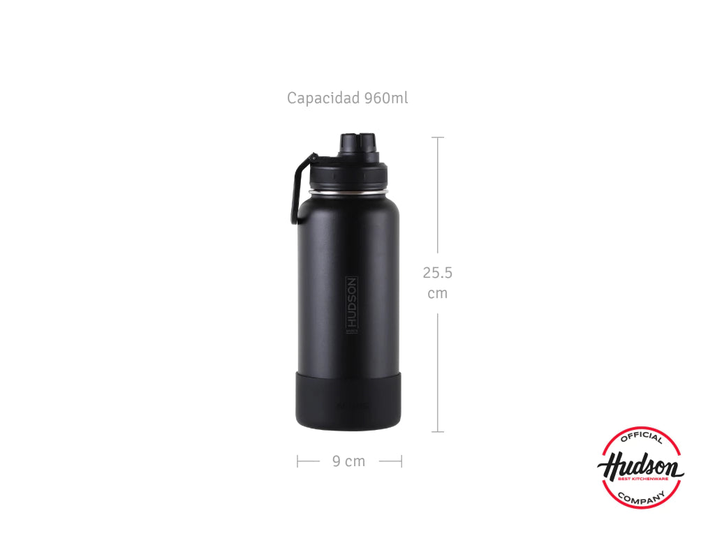 Botella Deportiva Negra 960 ml Aislacion Doble + Base Silicona