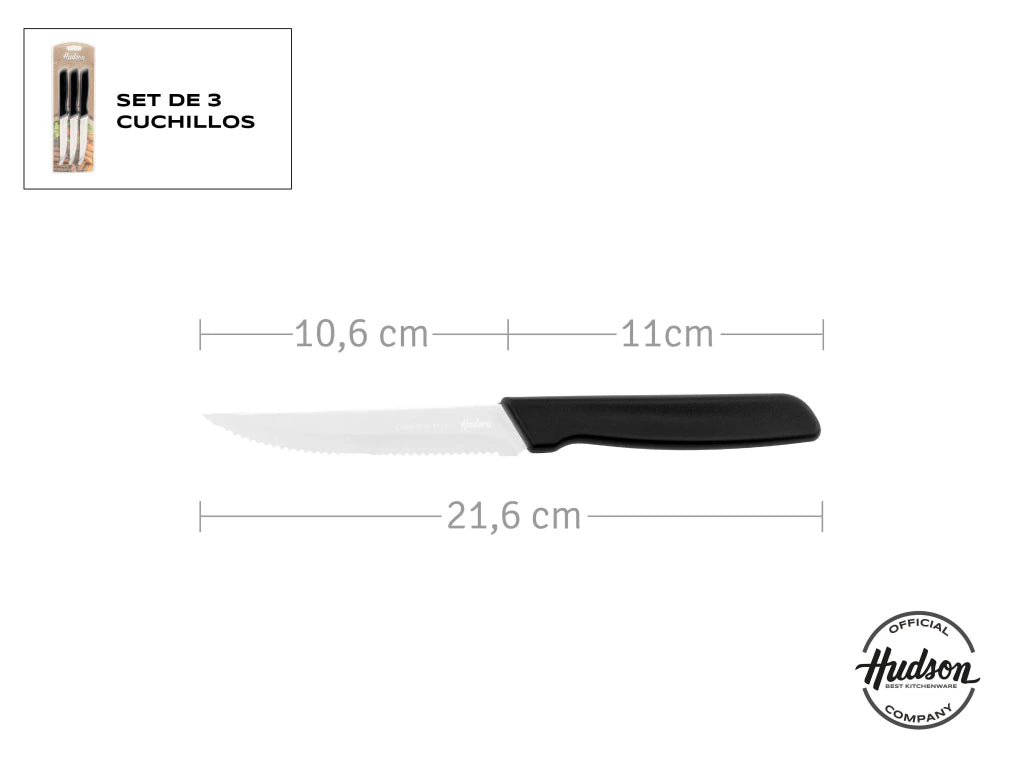 Pack x3 Cuchillos Basic de Acero Inoxidable + Mango Negro de Plástico