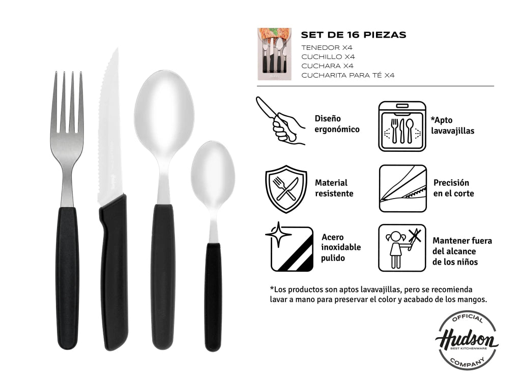Set x24 Cubiertos Basic de Acero Inoxidable + Mango Negro de Plástico