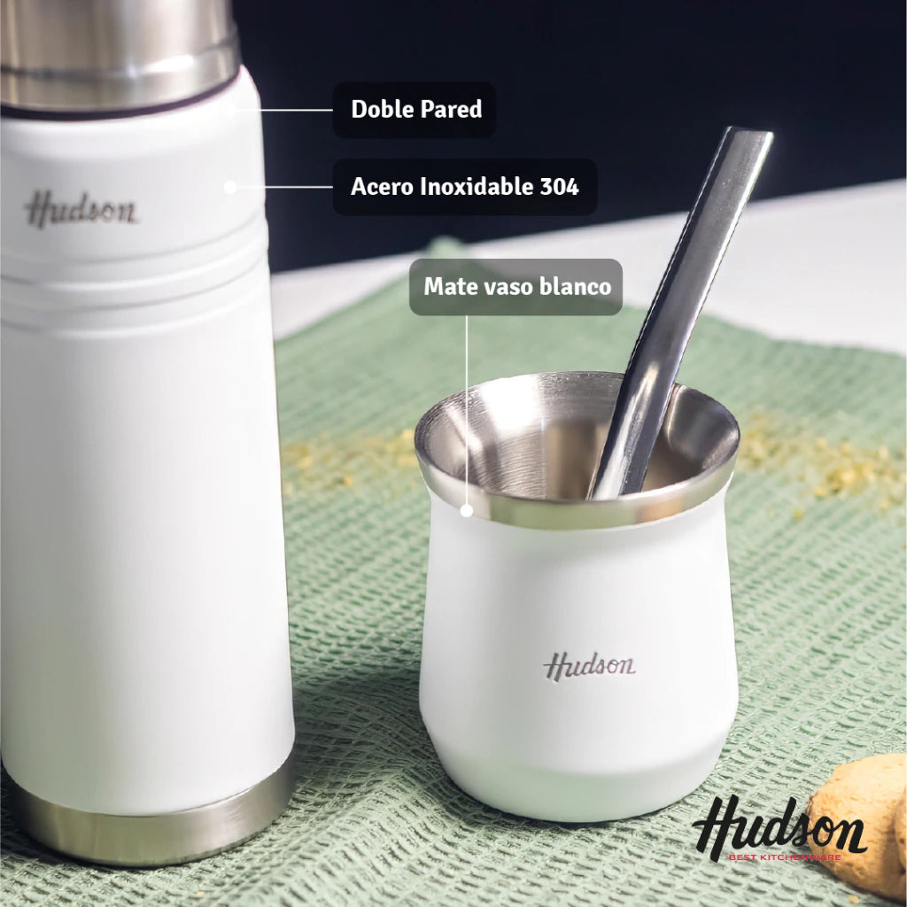 Termo Blanco Acero Inoxidable 750 ml + Mate Vaso Blanco 140 ml
