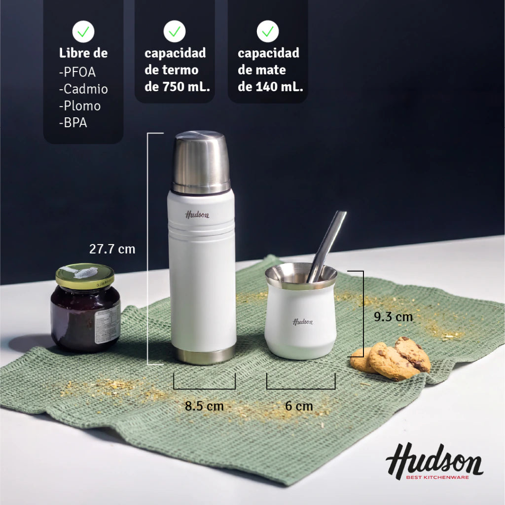 Termo Blanco Acero Inoxidable 750 ml + Mate Vaso Blanco 140 ml