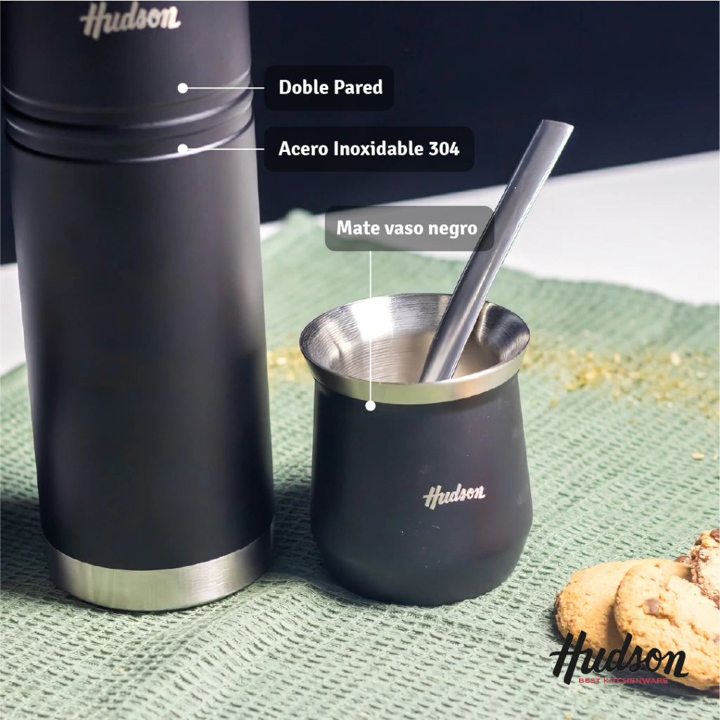 Set De Termo 500ml + Mate Vaso Acero Inoxidable Negro