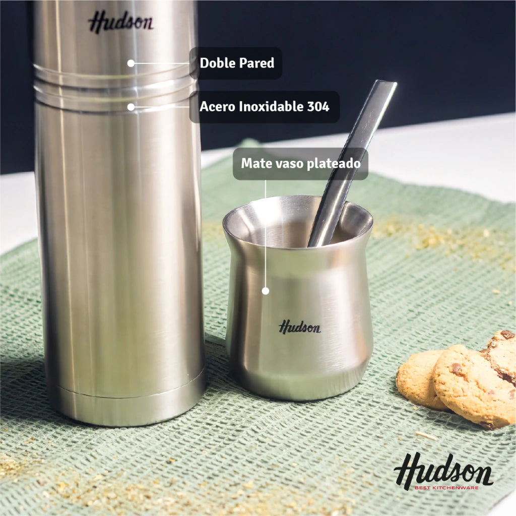 Set Termo 500ml + Mate Vaso Acero Inoxidable Plateado