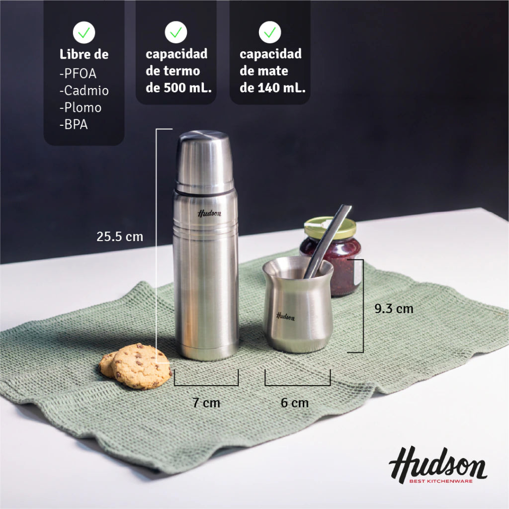 Set Termo 500ml + Mate Vaso Acero Inoxidable Plateado