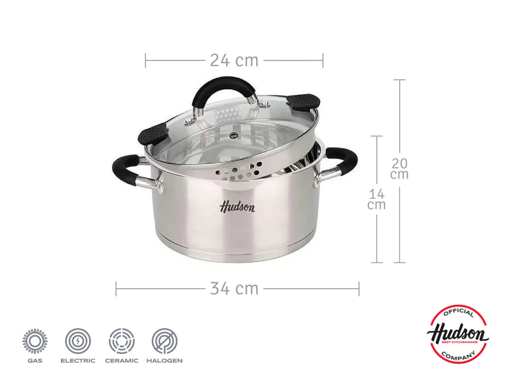 Cacerola Acero Inoxidable 24 cm Triple Fondo Inducción Plateado
