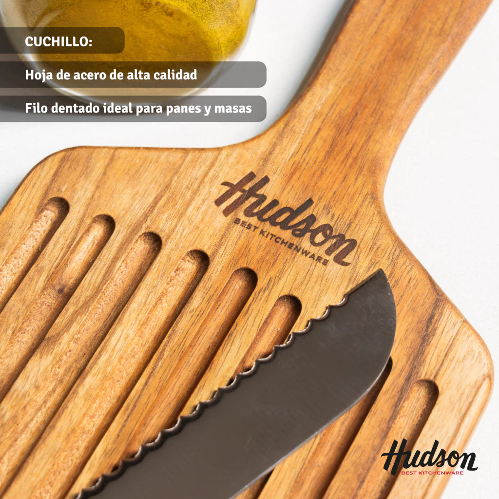 Tabla de madera 38,5x15x15 cm + Cuchillo 8¨ de Pan Línea Profesional