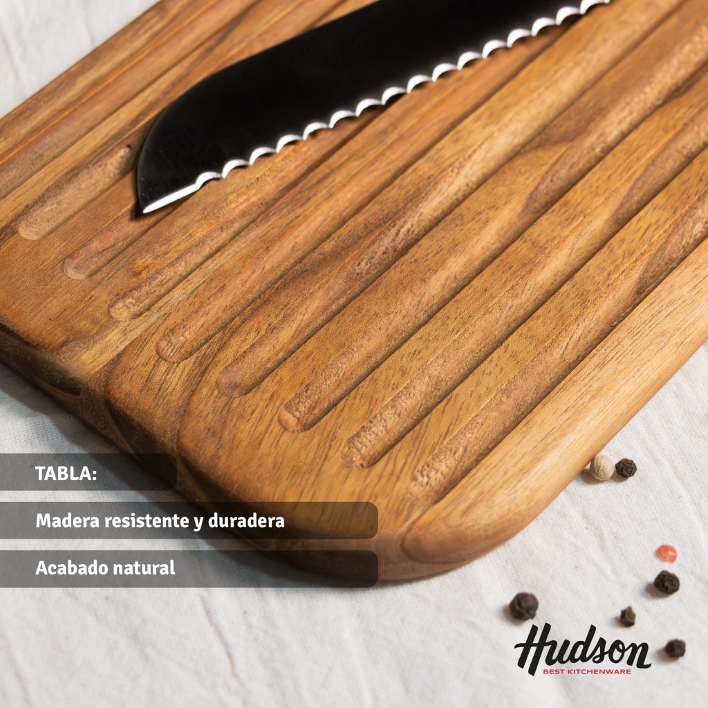 Tabla de madera 38,5x15x15 cm + Cuchillo 8¨ de Pan Línea Profesional