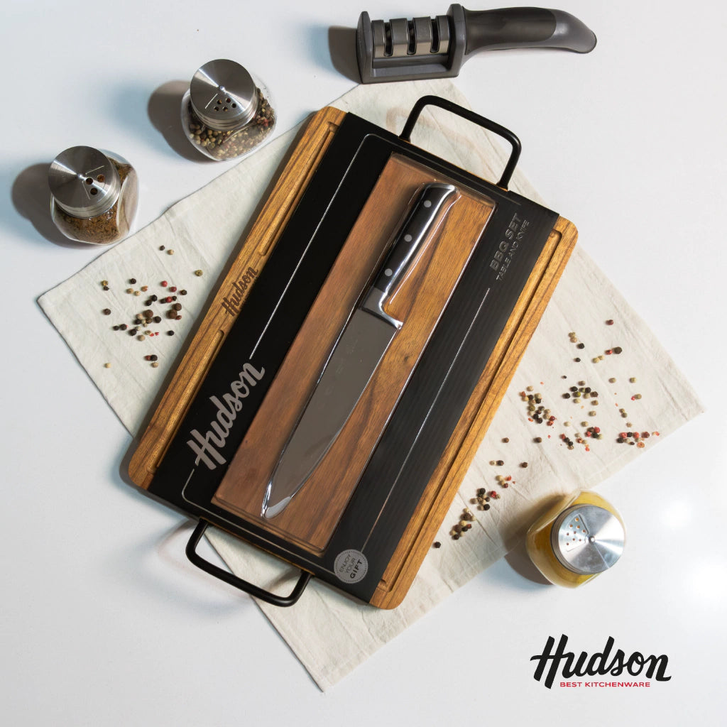 Set Asado Tabla de Madera de Acacia + Cuchillo Profesional Chef 7"