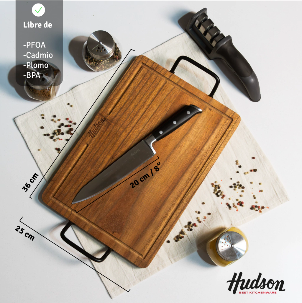 Set Asado Tabla de Madera de Acacia + Cuchillo Profesional Chef 7"