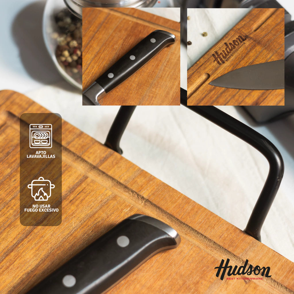 Set Asado Tabla de Madera de Acacia + Cuchillo Profesional Chef 7"