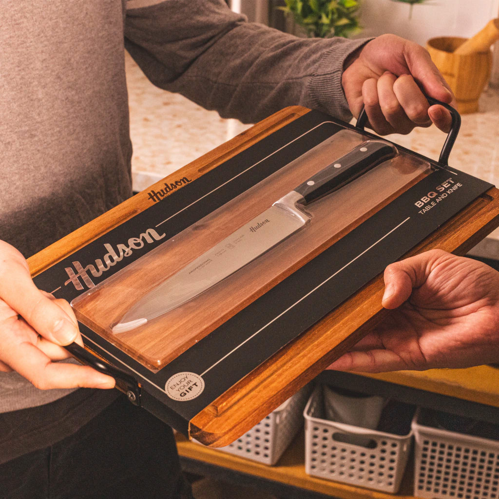Set Asado Tabla de Madera de Acacia + Cuchillo Profesional Chef 7"