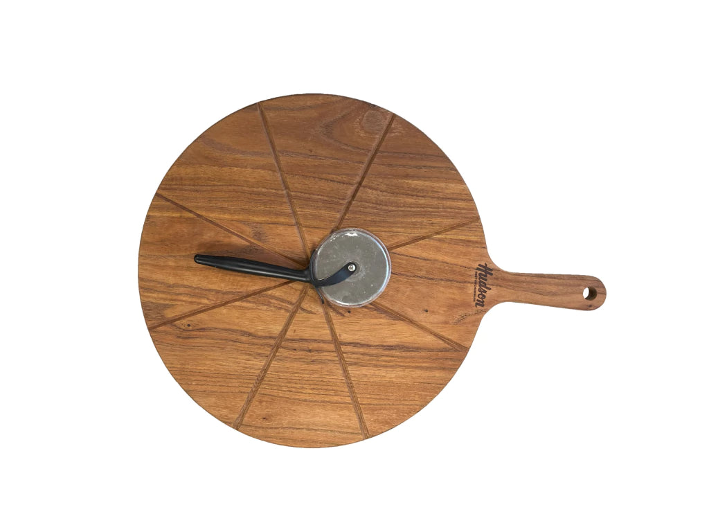 Tabla p/ Pizza de Madera de Acacia + Cortador De Pizza de Acero Inoxidable