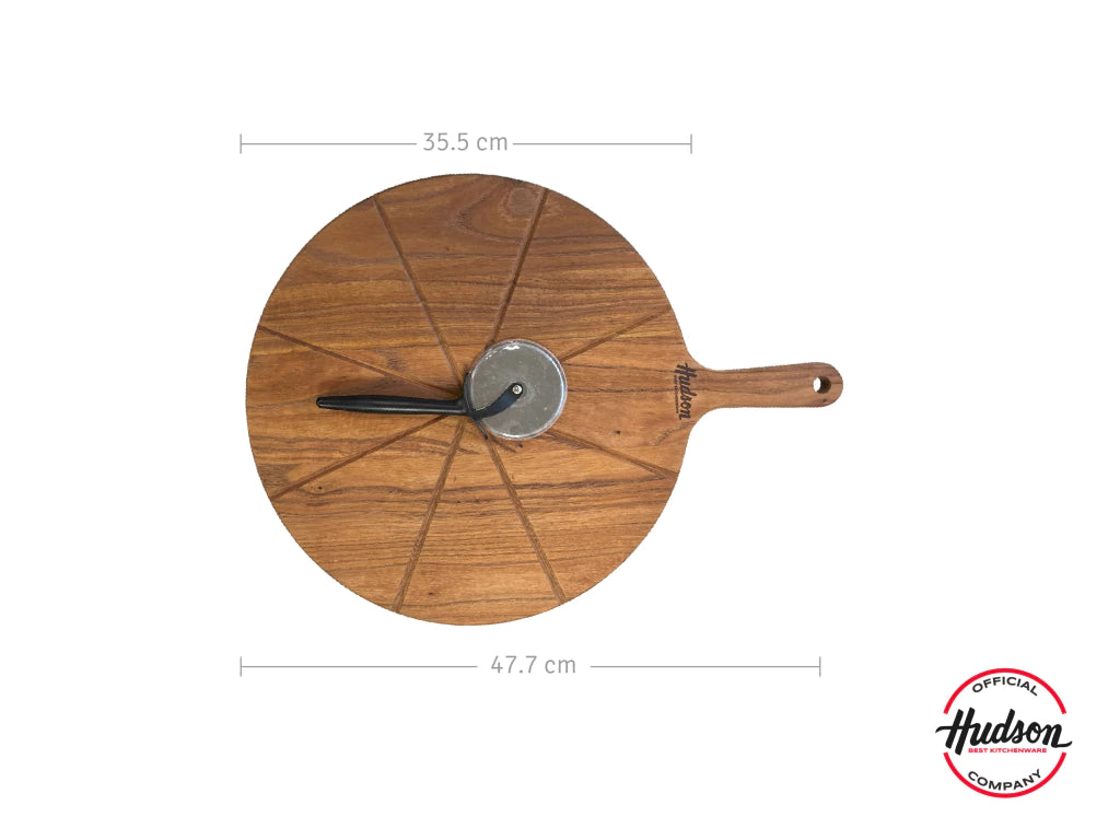 Tabla p/ Pizza de Madera de Acacia + Cortador De Pizza de Acero Inoxidable
