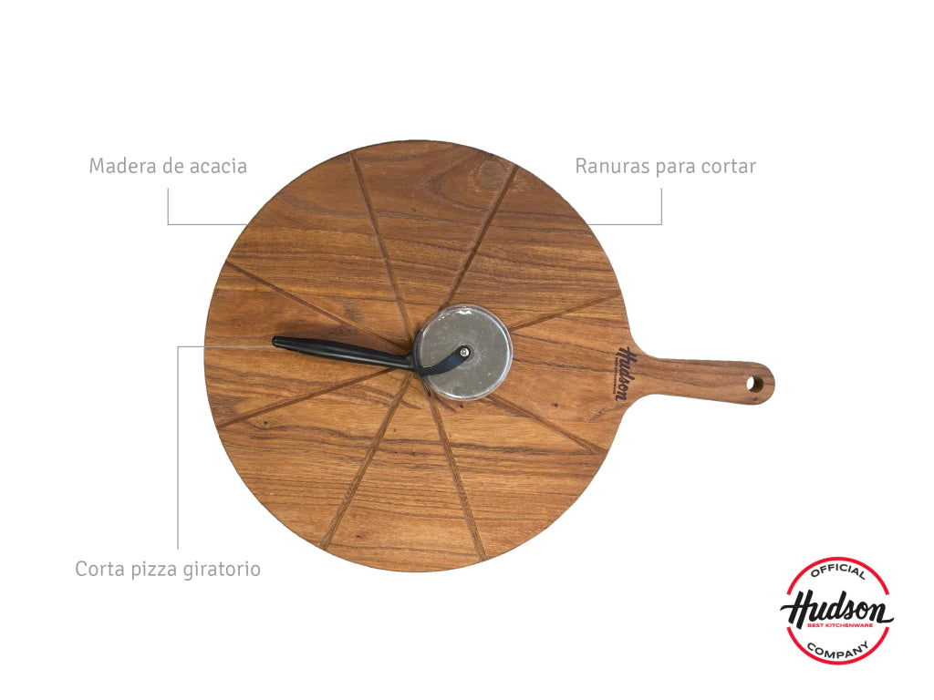 Tabla p/ Pizza de Madera de Acacia + Cortador De Pizza de Acero Inoxidable