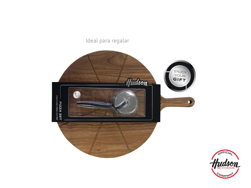 Tabla p/ Pizza de Madera de Acacia + Cortador De Pizza de Acero Inoxidable