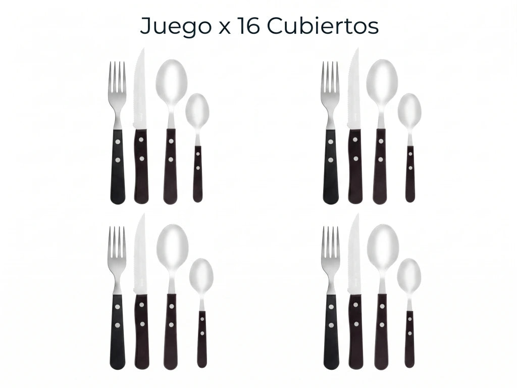 Set x16 Cubiertos Daily de Acero Inoxidable + Mango Negro de Plástico
