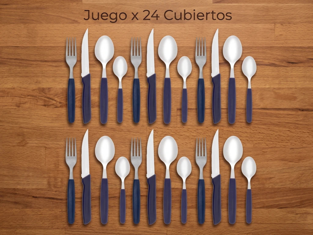 Set x24 Cubiertos Basic de Acero Inoxidable + Mango Azul de Plástico