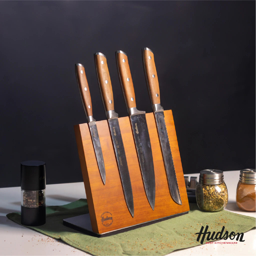 Set de 4 Cuchillos Acero Inoxidable Y Mango De Madera con Taco Magnético
