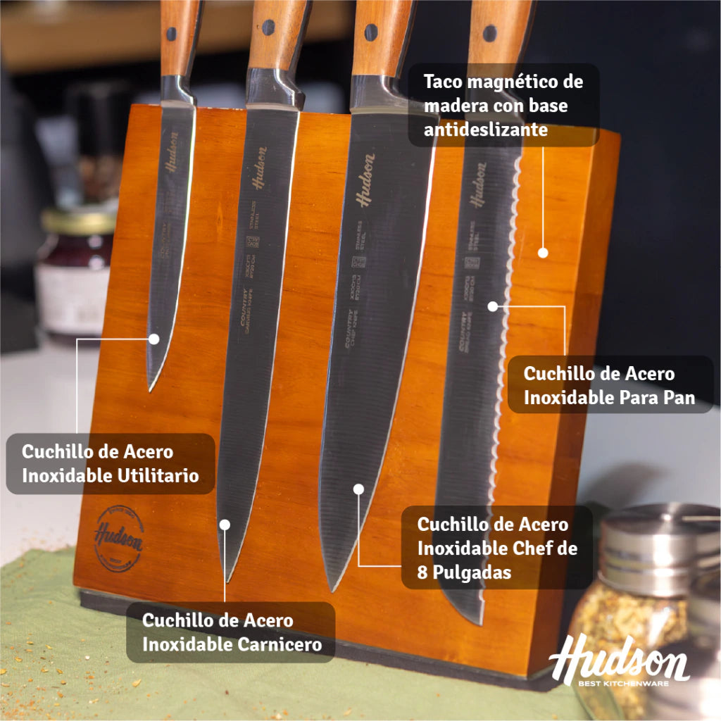 Set de 4 Cuchillos Acero Inoxidable Y Mango De Madera con Taco Magnético
