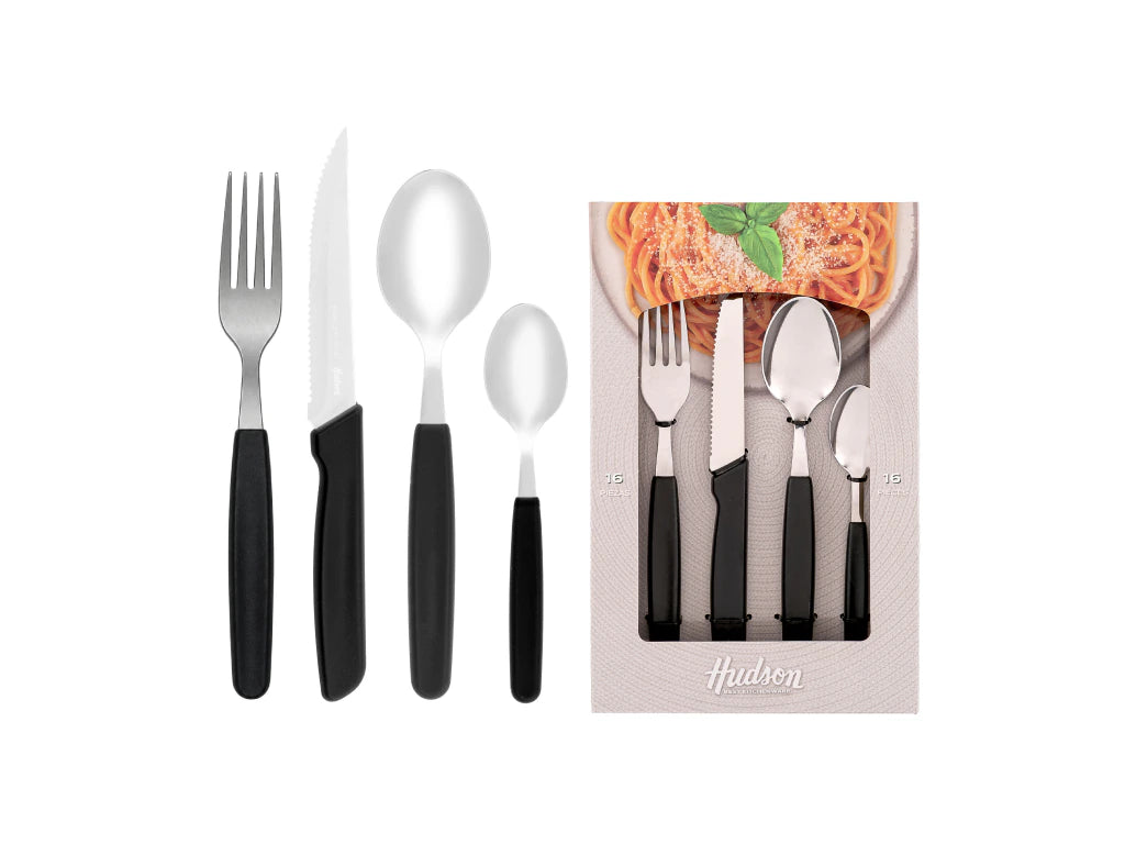 Set x24 Cubiertos Basic de Acero Inoxidable + Mango Negro de Plástico
