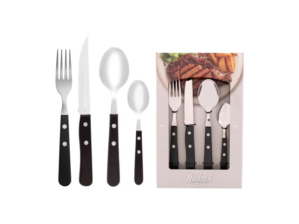 Set x16 Cubiertos Daily de Acero Inoxidable + Mango Negro de Plástico
