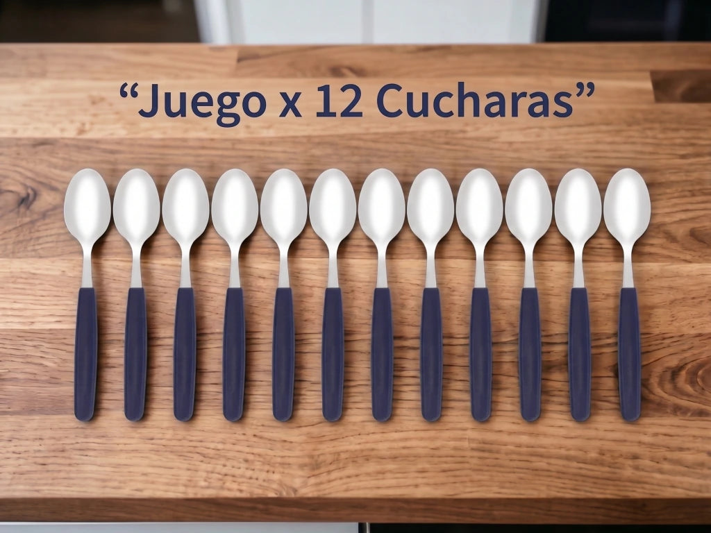 Pack x12 Cucharas Basic de Acero Inoxidable + Mango Azul de Plástico