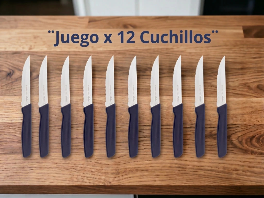 Pack x12 Cuchillos de Acero Inoxidable + Mango Azul de Plástico