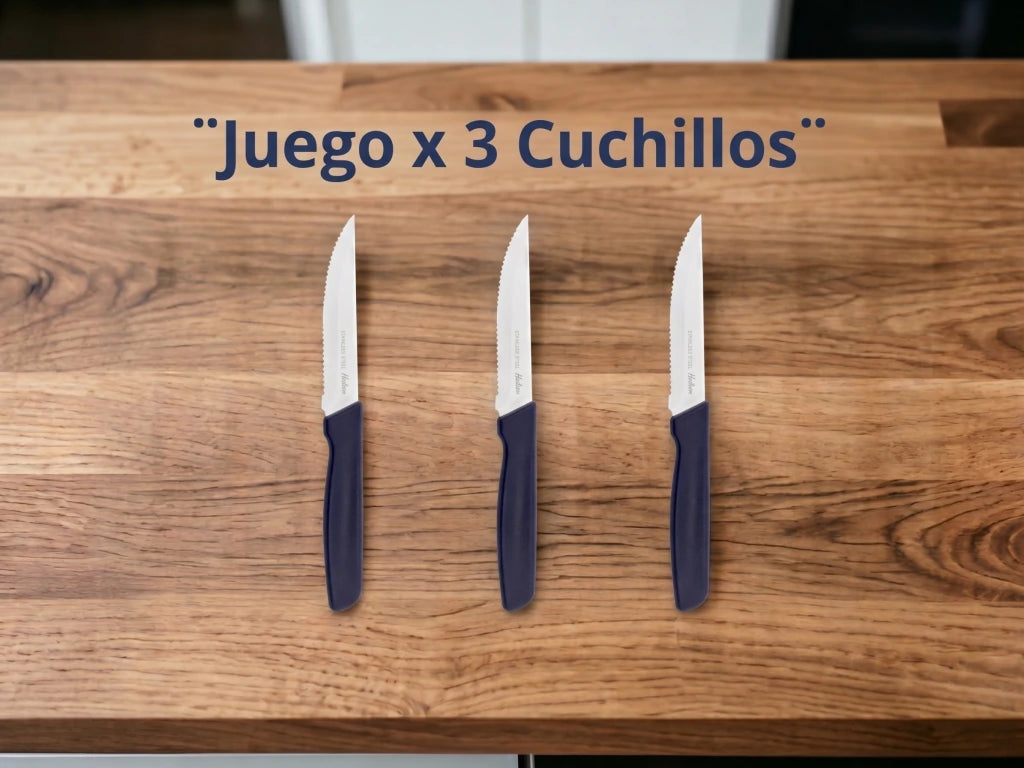 Pack x3 Cuchillos de Acero Inoxidable + Mango Azul de Plástico