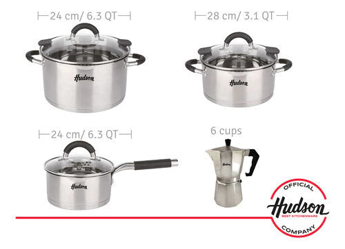 Batería de Acero Inoxidable 6 piezas + Cafetera Acero Pulido 6 Pocillos