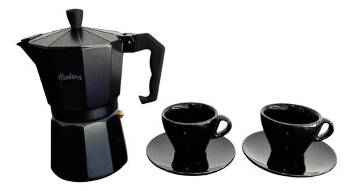Set Cafetera Italiana + 2 Platos + 2 Pocillos Cerámica Total Black