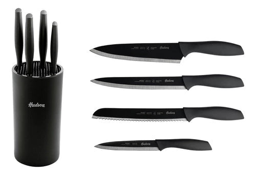 Set de 4 Cuchillos de Acero Inoxidable Con Taco Soporte Color Negro