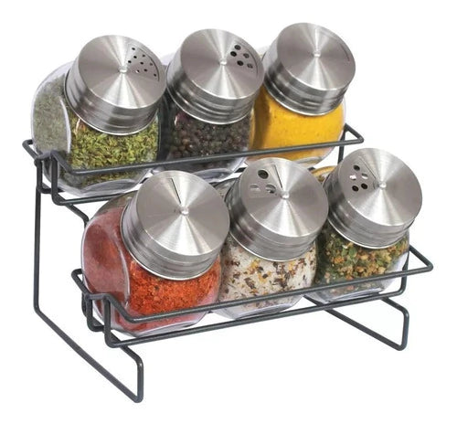 Rack Especiero 6 Jarros con Tapa De Acero Inoxidable Plateado