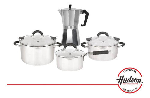 Set Bateria 6 Piezas + Cafetera Italiana Linea Hudson Acero