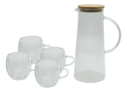 Set Jarra Vidrio + Set 4 Vasos Con Asa 150ml Hudson Oficial