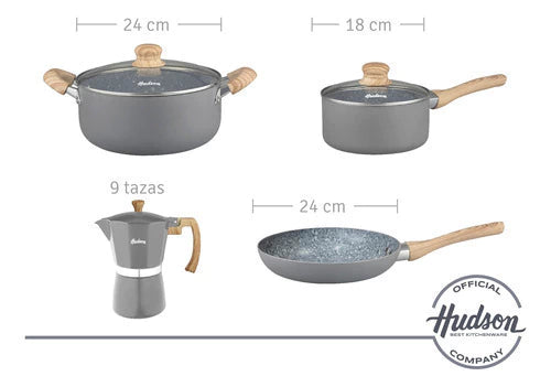 Batería de Aluminio Granito c/ Antiadherente + Utensilios + Cafetera