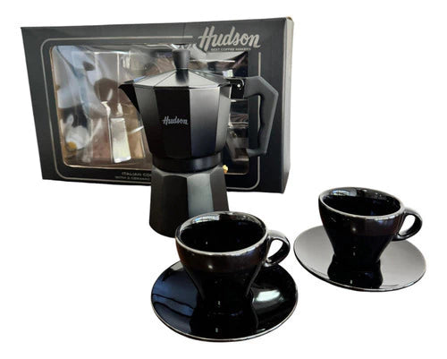 Set Cafetera Italiana + 2 Platos + 2 Pocillos Cerámica Total Black