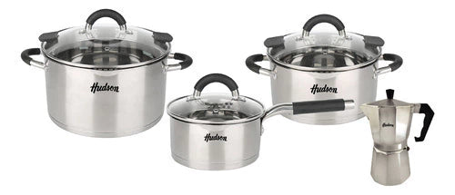 Batería de Acero Inoxidable 6 piezas + Cafetera Acero Pulido 6 Pocillos