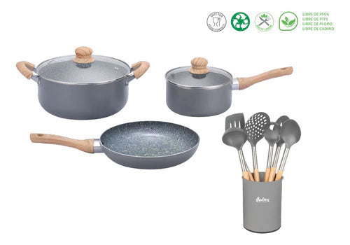Batería Granito de Aluminio de 5 Piezas + Utensilios Madera