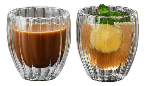 Set 2 Vasos De Café 150ml Doble Pared De Vidrio Rayado