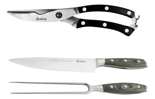 Set Cuchillo + Tenedor + Tijera de Acero Inoxidable p/ Parrilla